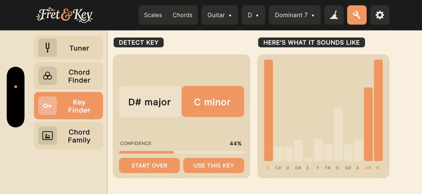 Fret & Key key finder listening to a riff and detecting C minor