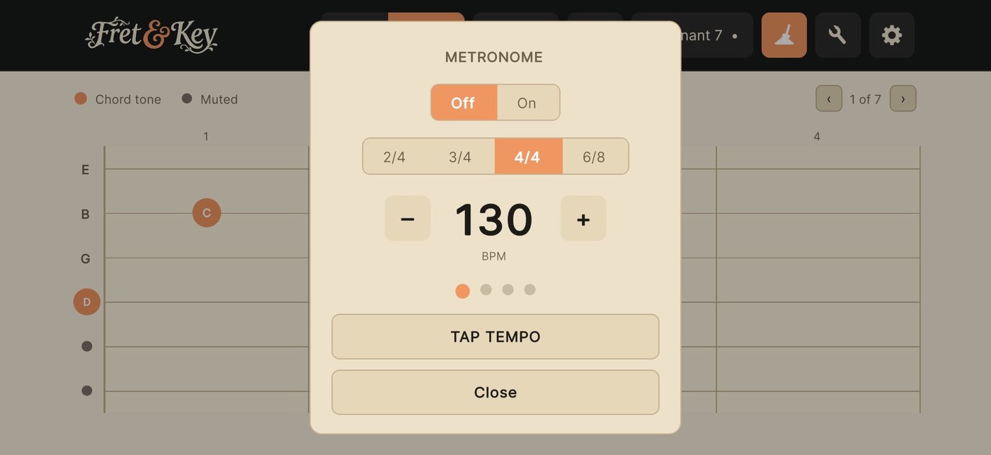 Fret & Key metronome set to 130 BPM in 4/4 time