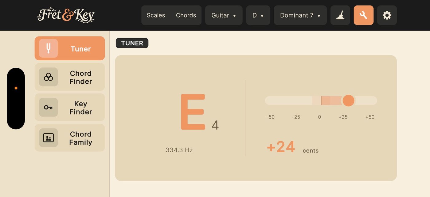 Fret & Key chromatic tuner showing an E4 string slightly sharp